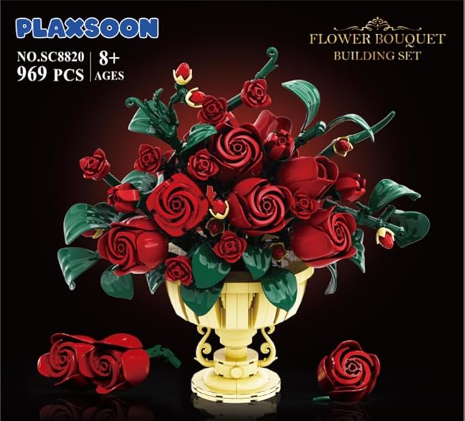 Rose Flower Building Set, 969 PCS Botanicals Flowers Bouquet Building Block Kit with Pot, Artificial Bonsai Plant Collection Office Home Decor, Birthday Gift for Adults Women Boys Girls 12+
