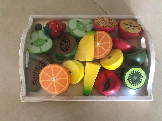 Wooden Toys for 2 Year Old - Pretend Play Food Set for Kids Play Kitchen,9 Cuttable Toy Fruit and Veg with Wooden Knif and Tray,Gift Idea for Boys Girls Birthday