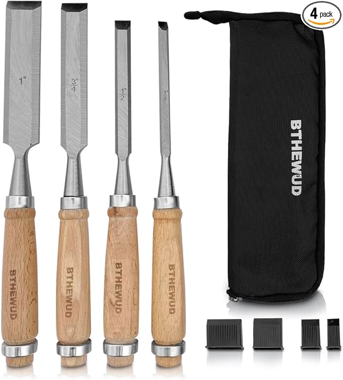Wood Chisel Set – set of 4 Woodworking Chisels w/CR-V Steel Blades, Zipper Bag - Anti-Rust Coating Wood Chisels for Woodworking - Lightweight & Durable Carpenter Tools for Woodworking