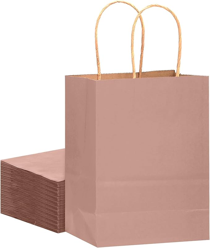 qiqee 32-Packs Cinnamon Pink Paper Gift Bags with Handles Bulk 7.6"x4.75"x10.5" Medium Size Gift Bags Multiple Uses