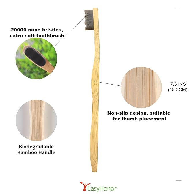 EasyHonor Extra Soft Toothbrush, Natural Bamboo Toothbrush with Micro Fur Ultra Soft 20,000 Bristles, 4-Pack for Adults