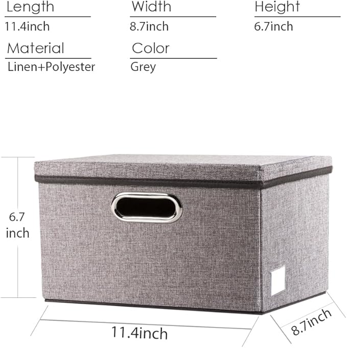 PRANDOM Storage Bins with Lids [3-Pack] Linen Fabric Foldable Storage Boxes Organizer Containers Baskets Cube with Cover for Home Bedroom Closet Office Nursery Grey（11.4X8.6X6.7