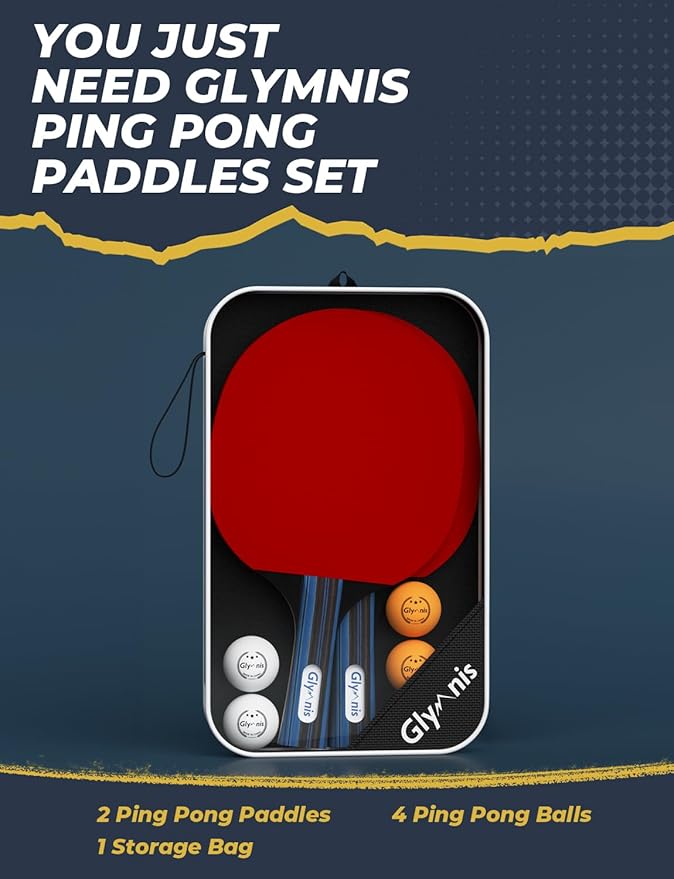 Glymnis Ping Pong Paddles Set Table Tennis Rackets with Balls, Storage Case for Indoor Outdoor Table Tennis Paddle Game Accessories