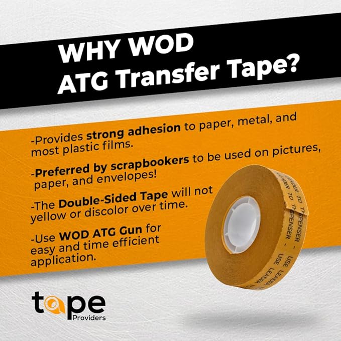 WOD General Purpose ATG Tape, 1/2 inch x 36 yds. (Set of 12 Rolls) Adhesive Transfer Tape Glider Refill Rolls Clear Adhesive on Gold Liner (Acid Free) RWATG20