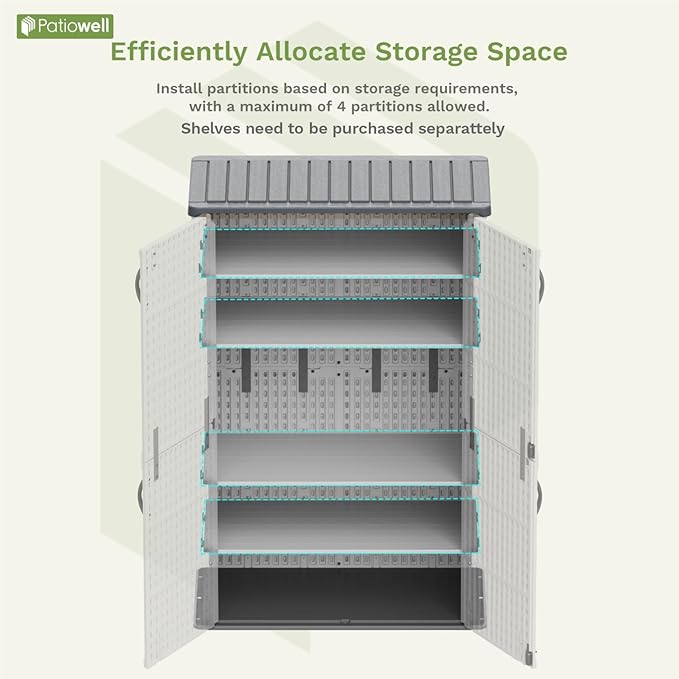 Patiowell 50 cu.ft Plastic Outdoor Storage Shed, Lockable Waterproof Resin Storage Cabinet Vertical Storage Shed for Garden Tools, Garbage Cans, Pool Supplies, White(Not Include Shelves)