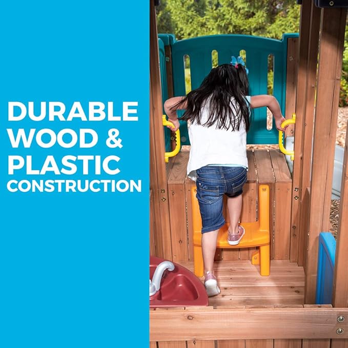 Step2 Woodland Adventure Playhouse & Slide, Kids Outdoor Playset, Backyard Playground Set, Swings, Storage Drawer, Made of Wood & Durable Plastic, Outside Jungle Gym, for Children 3-8 Years Old