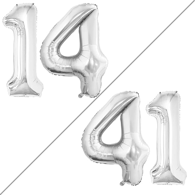 GOER Number 14 Balloons for 14th Birthday Sweet 14 Party Decorations,42 Inch Jumbo Foil Helium 41 Balloons for 41st Birthday Party Decoration (Silver)
