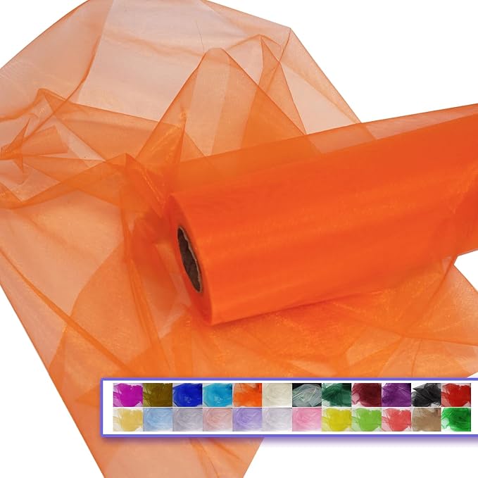 Orange Organza Tulle Fabric Rolls, Crystal Organza 12" by 50 Yards (150 ft) Sheer Nylon Silky Shiny Netting Spool Bolt for DIY Craft Table Runner Wedding Baby Shower Party Decor (Orange)
