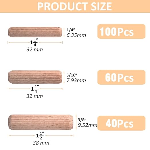 200 Pcs Wooden Dowel Pins - 1/4 inch, 5/16 inch,3/8 inch Fluted Wood Dowels Rods,Hardwood Crafts Dowel Pegs