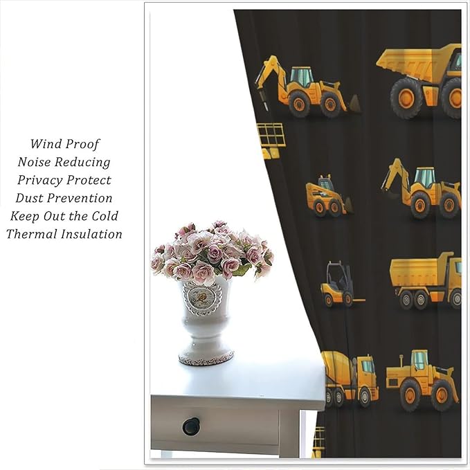 Kids Construction Window Curtains, Construction Machinery Equipment Mode of Transport Bulldozer Tractor Windows Curtain for Children Teens Room Decor 42x54in (30% Blackout)