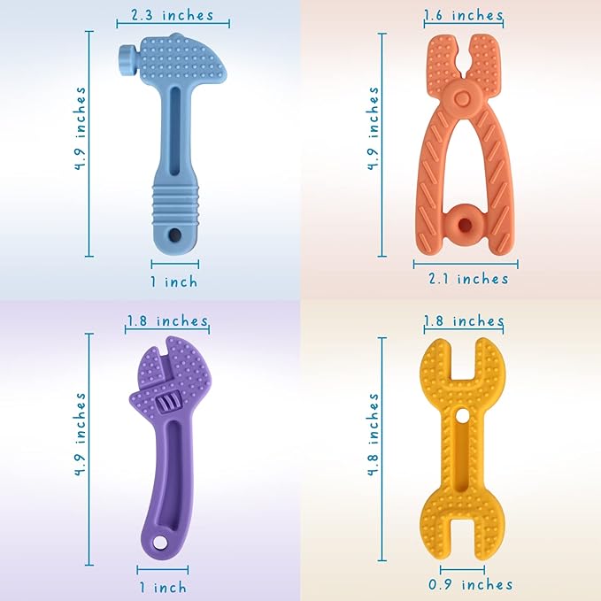 Fu Store 4 Pack Soft Silicone Teething Toys for 0-12 Months 6-24 Months Toddlers Infant Hammer Spanner Wrench Pliers Tools Shape Baby Teethers Relief Soothe Babies Gums Set
