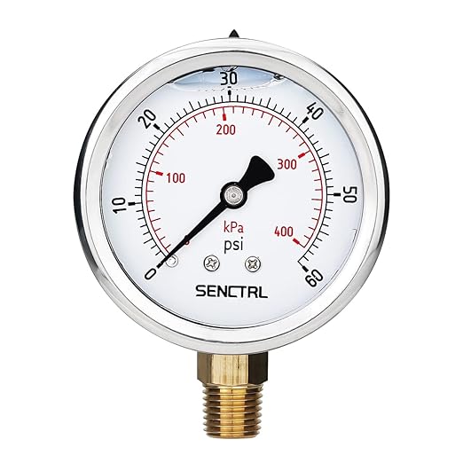 SENCTRL 60 Psi Glycerin Liquid Filled Low Pressure Gauge, 2.5" Dial Size, 1/4" NPT Lower Mount, Stainless Steel Case, Pool Sand Filter Water Pump Tire Water Oil Air Pressure Test