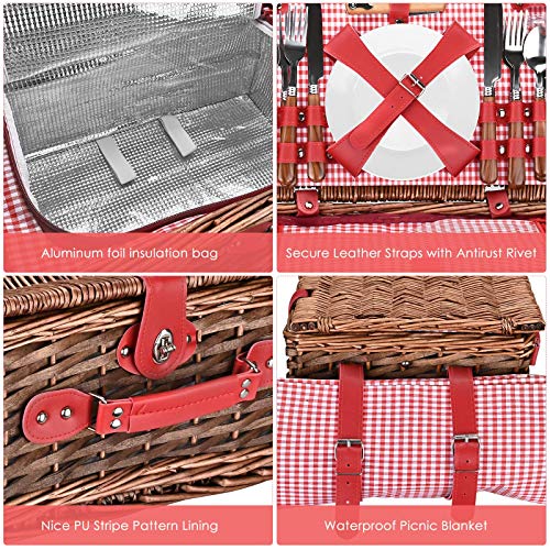 Picnic Basket Set 4 Person Wicker Picnic Basket Handmade Picnic Blanket Equipped with Incubator and Cutlery Suitable for Picnics in Lakeside Parks and Beach Vacations
