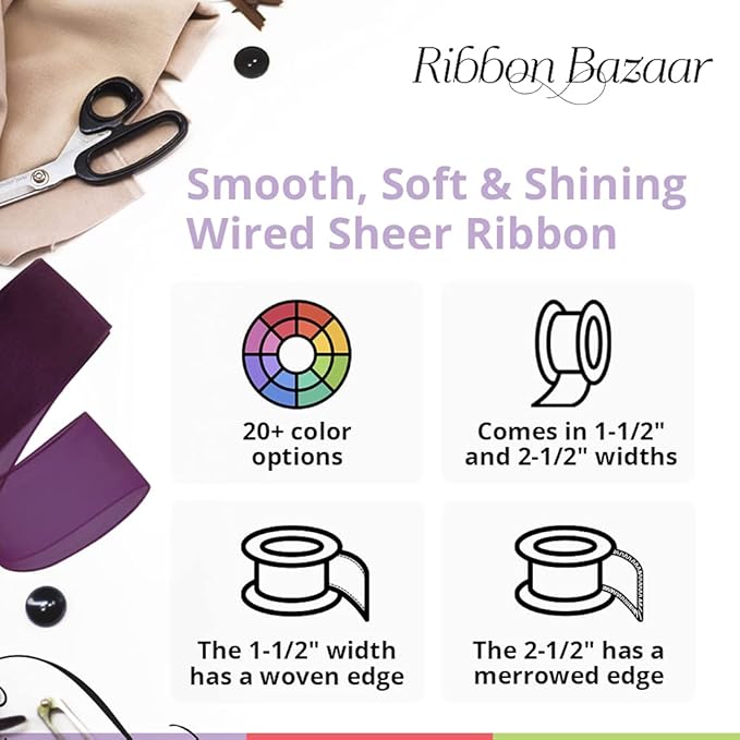 Ribbon Bazaar Sheer Organza Wired Ribbon - 100% Polyester Wire Edged Ribbon for Floral Decor, Table Arrangements, Apparel Embellishment & More - 1-1/2" Light Pink 25yd