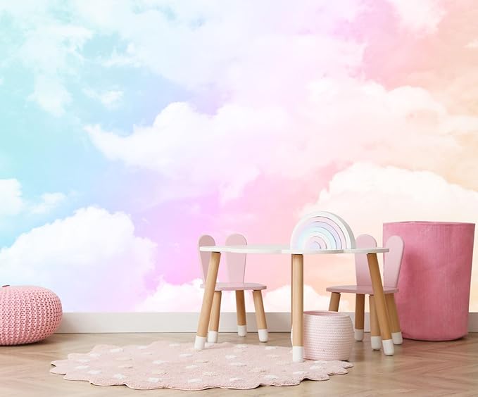 Rainbow Cloud Wallpaper for Kids Room Ceiling Sky Wall Mural for Girls Room Living Room Bedroom Dining Room Basement(Not Self-Adhesive)
