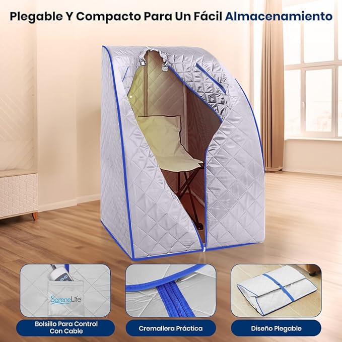 SereneLife Portable Sauna Box for Home, Infrared Sauna Tent with Heated Foot Pad and Folding Chair, Remote Control In-Home Spa, 38" x 32” - (Silver)
