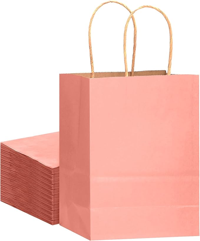qiqee 32-Packs Bright Pink Paper Gift Bags with Handles Bulk 7.6"x4.75"x10.5" Medium Size Gift Bags Multiple Uses