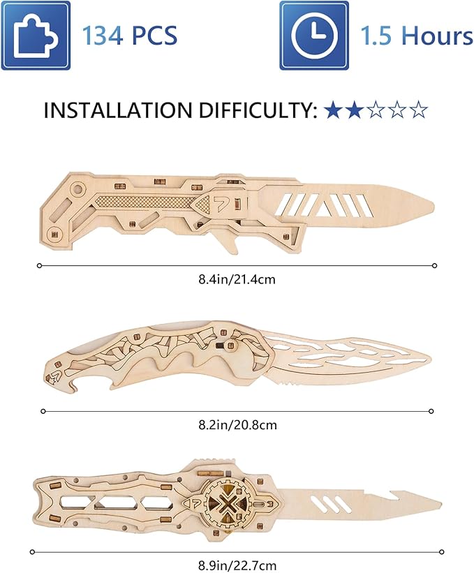3D Wooden Puzzle for Adults: 3-in-1 DIY Wooden Puzzles Knife Kit - 134 Pcs Brain Teaser Mechanical Model Building Toy for Adult Hobby - Wooden Craft Art Unique Gift Idea for Teens Men