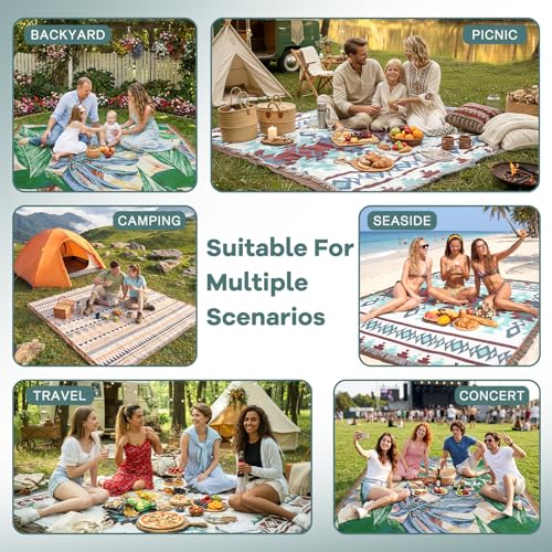 2 in 1 Extra Large Outdoor Picnic Blanket Camping Mat Lightweight Oversized Giant Turkish Boho Beach Mexican Serape Baja Cobijas Mexicanas para Mesa Park Stadium Outside Festival Grass Hammock - color: Boho Green