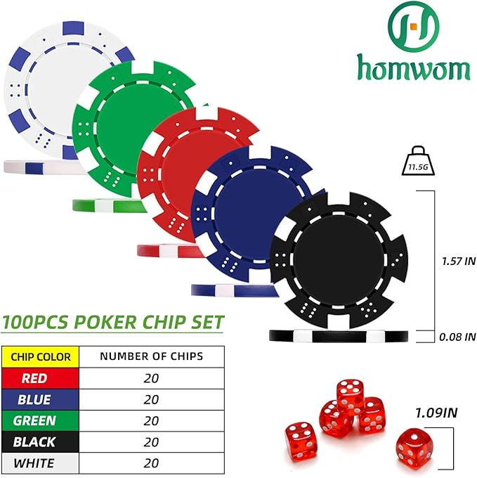Poker Chip Travel Set, 100PCS 5 Color Professional Poker Chips in Cardboard Gift Box, 11.5 Gram Clay Composite Casino Poker Chips for Casino Card Games Texas Holdem Blackjack