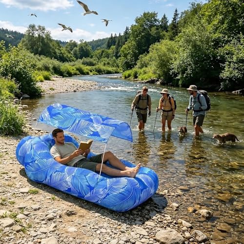Inflatable Air Lounger, Pool Air Sofa with Sun Shade, No-Pump Blow Up Couch for Outdoor Camping, Hiking, Picnic, Vacation, Backyard, Seaside
