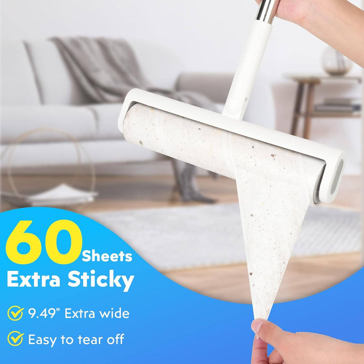 9.49'' Extra Sticky Large Lint Roller Refills, 4-Pack Giant Roller Refills for Carpets, Couch, Floor, Clothing, and Pet Hair Cleaning, 60 Sheets per Roll (240 Sheets Total)