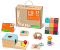 TOOKYLAND Montessori Toys for Babies 6-12 Months, 7 in 1 Learning Educational Set Wooden Toys (Includes Baby Rattle, Object Permanence Box, Wooden Book, Teething Toy and More)