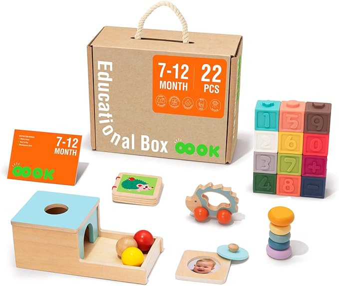 TOOKYLAND Montessori Toys for Babies 6-12 Months, 7 in 1 Learning Educational Set Wooden Toys (Includes Baby Rattle, Object Permanence Box, Wooden Book, Teething Toy and More)