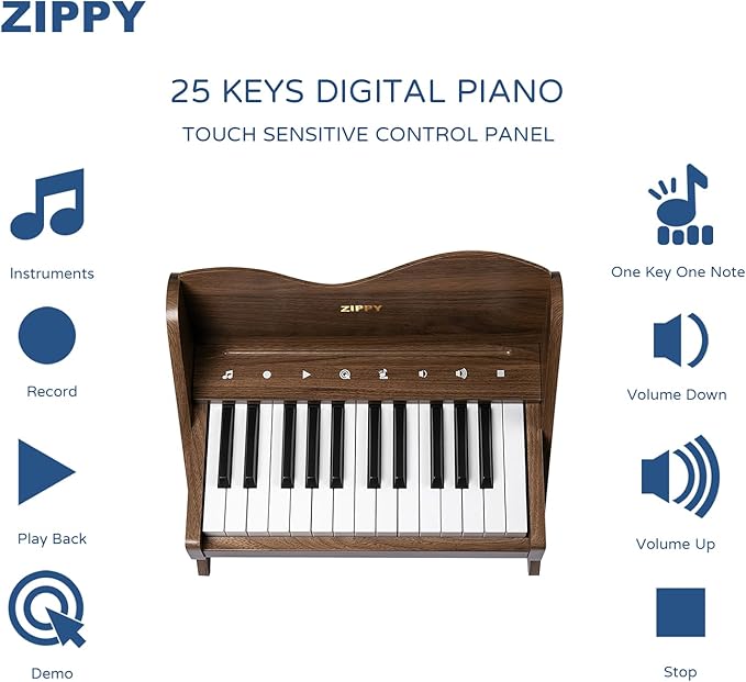 ZIPPY Kids Piano Keyboard, 25 Keys Digital Piano for Kids, Touch Sensitive Control Panel, Volume Adjustable, Mini Music Educational Instrument Toy, Wood Piano for Toddlers Girls Boys (Walnut)