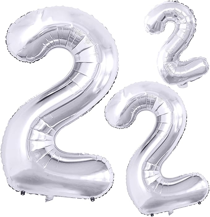 GOER Silver Number 2 Foil Balloons,Huge Number Balloons for 2nd 22nd Birthday Party Supplies Anniversary Decorations(3 pcs,42 inch,32 inc,16inch)