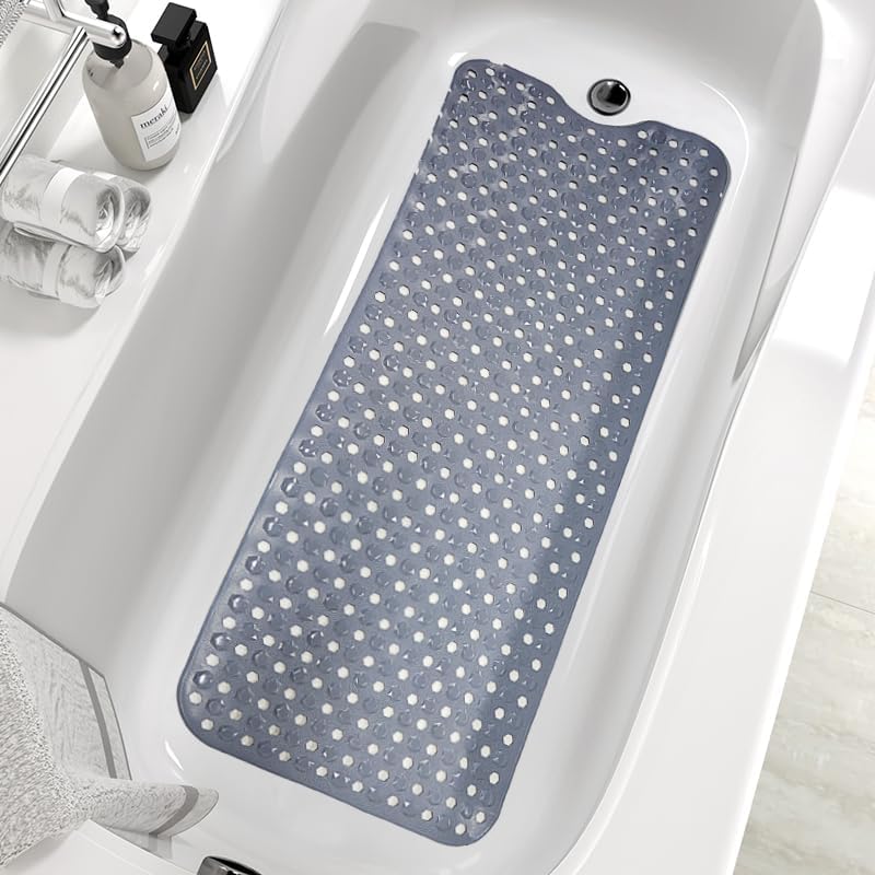 Bath Tub Mat Non Slip, 39 x 16 Inch Long Shower Mat, Machine Washable Bathmat with Drain Holes (Gray)