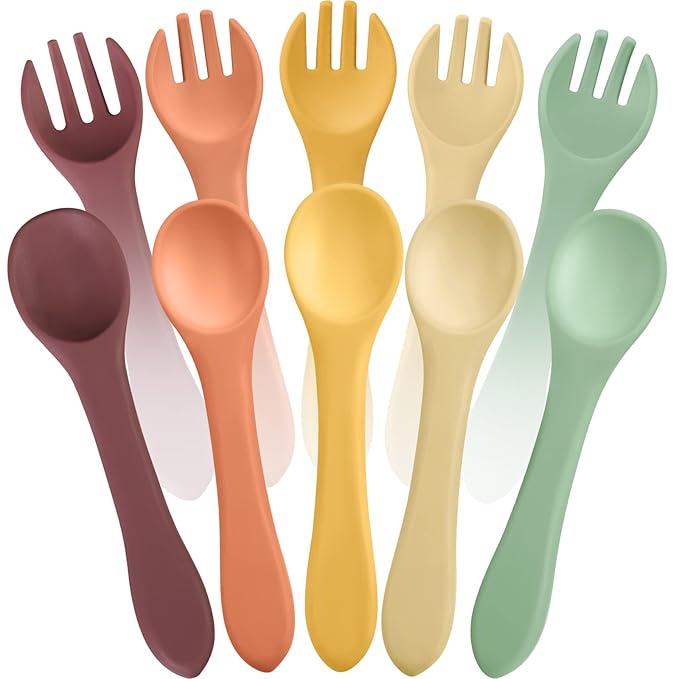 10 Pieces Baby Led Weaning Spoons and Forks Set Infant Silicone Spoon First Self Feed Baby training Utensils for Toddler First Stage Feeding Supplies for Kids Over 6 Months, 5 Pairs (Classic Colors)