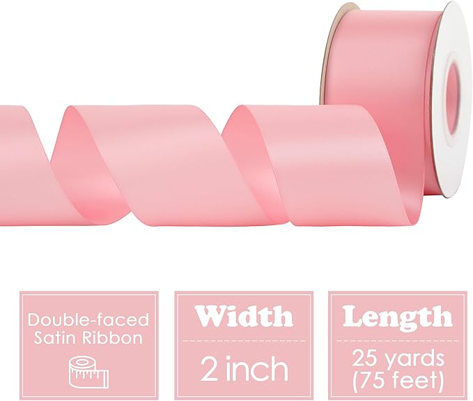 HUIHUANG Pink Satin Ribbon 2 inch Wide Double Faced Satin Ribbon Pink Ribbon for Gift Wrapping, Bows Making, Flower Bouquet, DIY Crafts, Wedding Bridal Shower, Holiday Party Decor-25 Yards/Roll
