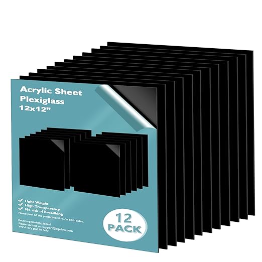 Egofine 12" x 12" Black Plexiglass Sheets 12 Pack 0.04 Inch Cast Acrylic Sheet Thick for DIY Craft Projects, Painting, Photography, Sign, Display Stand, Home Decor, Easy to Cut