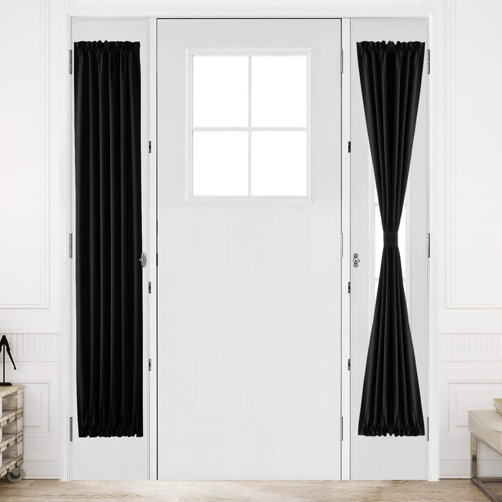 DWCN French Door Curtains – Rod Pocket Thermal Blackout Curtain for Window/Patio Doors/Doorways/Classroom/Kitchen for Privacy, 12W by 72L Inches, 1 Panel with Tieback, Black