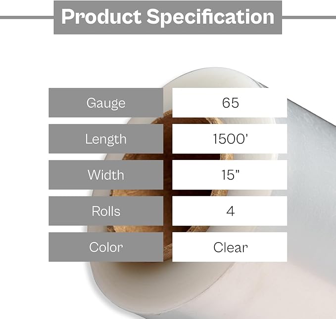 PSBM Stretch Wrap, 4 Pack, 15 Inch x 1500 Feet, 65 Gauge, Clear Plastic Cling, Cast Hand Stretch Film Rolls for Packaging Moving Packing Pallets