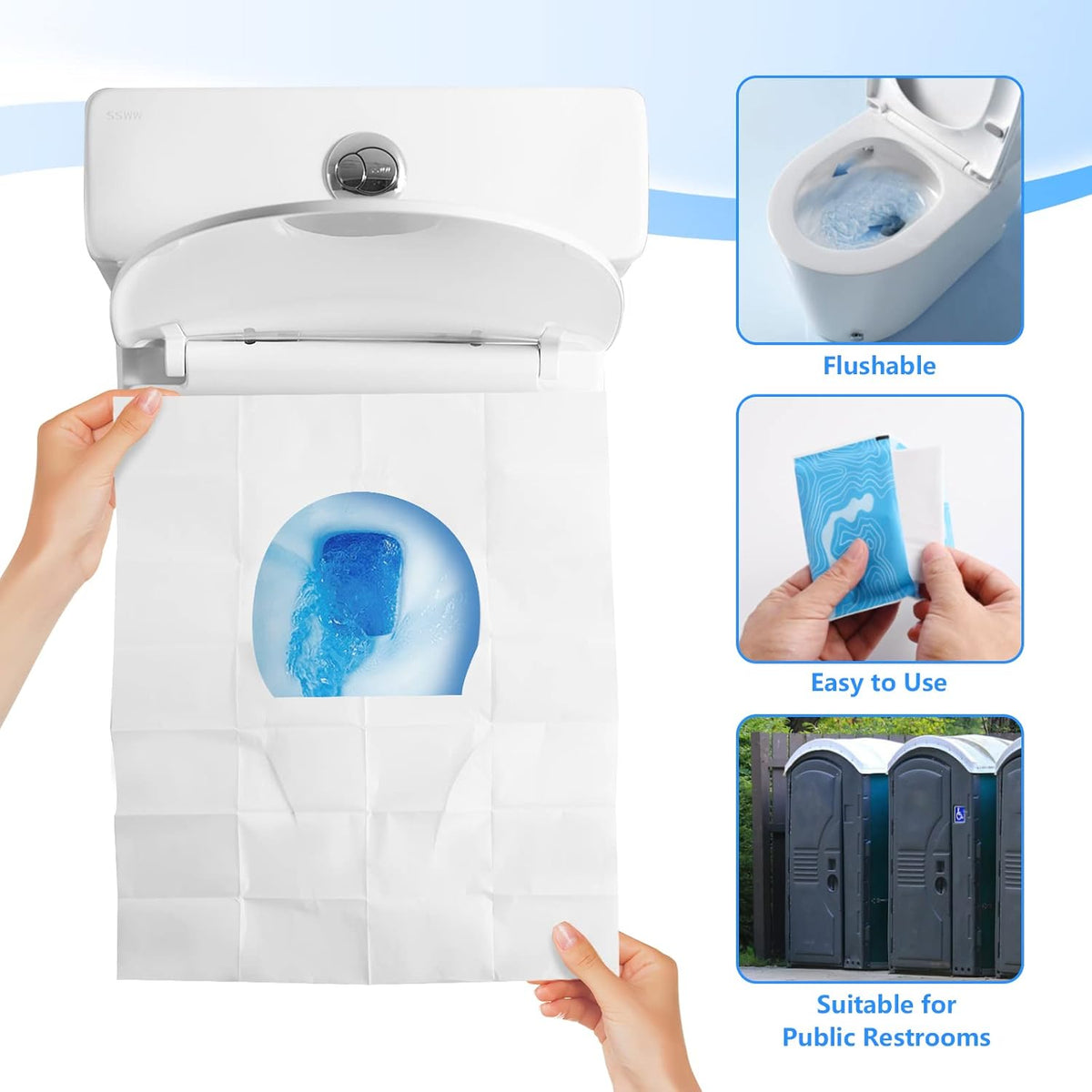 TenFans Flushable Water-Soluble Toilet Seat Covers (120 Pack) - Disposable Toilet Paper Liners for Kids Potty Training, Adults & Travelers - Public Restroom & Camping Essentials