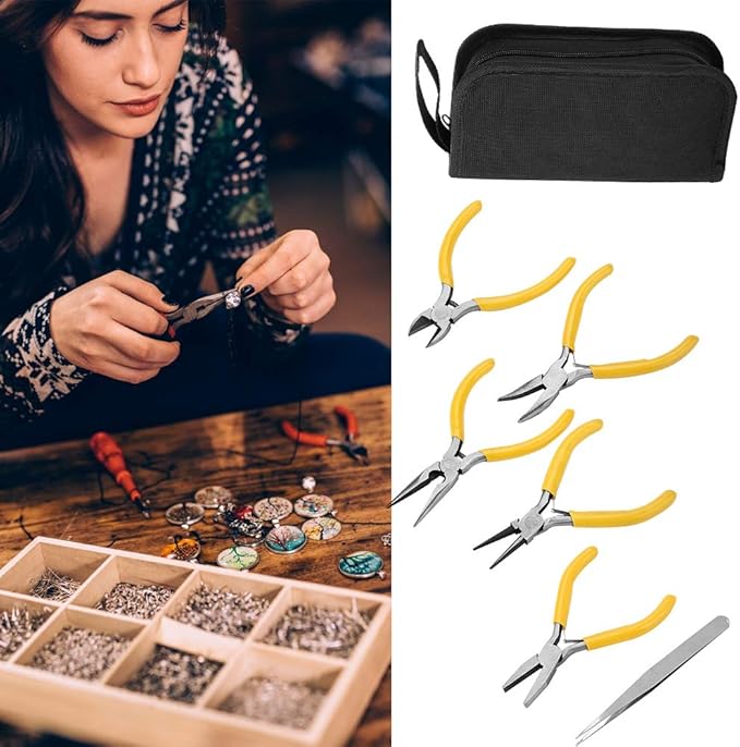 Jewelry Pliers, 5Pcs Professional Jewelry Pliers Tools Kit Includes Round Nose Pliers, Bent Nose Pliers, Needle Nose Pliers, Flat Nose Pliers for Jewelry Beading Repair Making