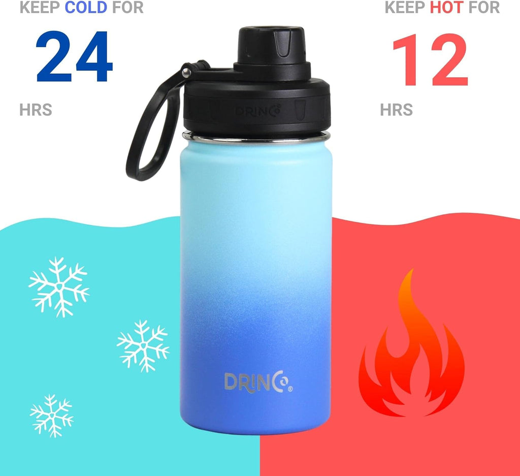 DRINCO Stainless Steel Water Bottle Spout Lid Vacuum Insulated Double Wall Water Bottle Wide Mouth (40oz 32oz 22oz 18oz 14oz) Leak Proof Keeps Cold or Hot (14 oz, 14oz Morning Sky Blue)