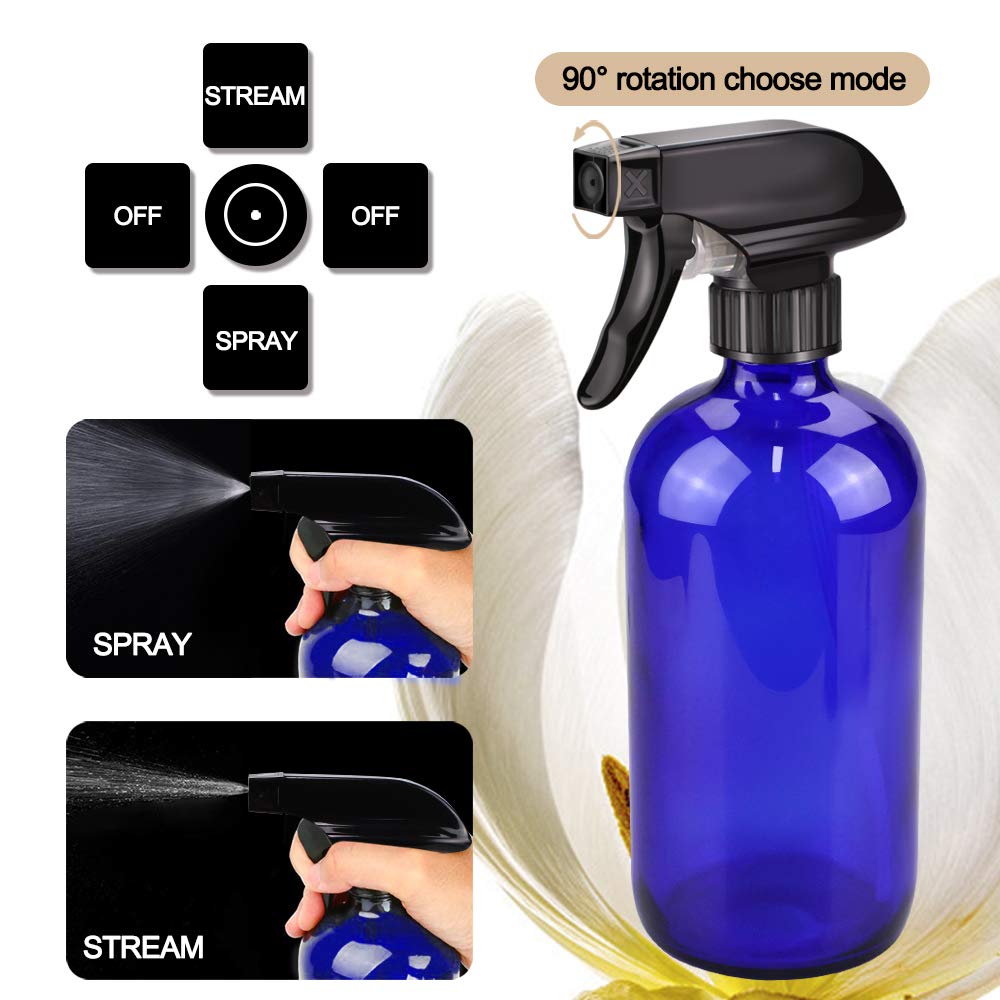 Glass Spray Bottle Kit×10 (2×16 oz, 2×4 oz, 6×2 oz), 9×10 ml Roller Bottles, Anti UV, Multi Size and Versatile, Suitable for Aromatherapy, Facial Moisturizing, Watering, etc.(Blue