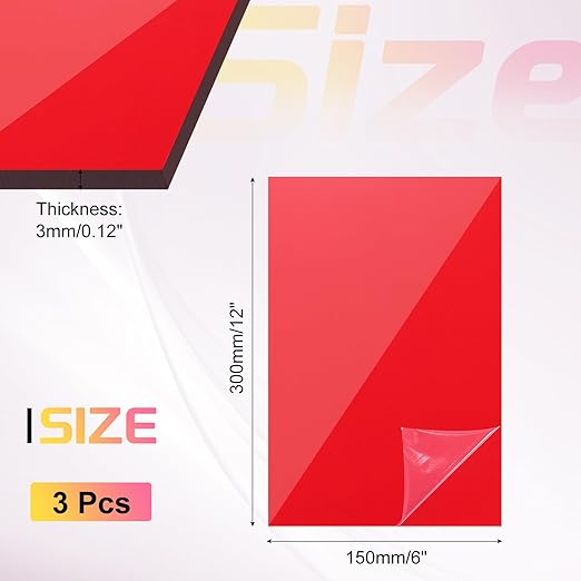 uxcell 3Pcs Acrylic Sheets 12x6 Inch Acrylic Panel 1/8 Inch-3mm Plastic Board for Picture Frames Sign Holders DIY Display Projects Craft, Clear Red