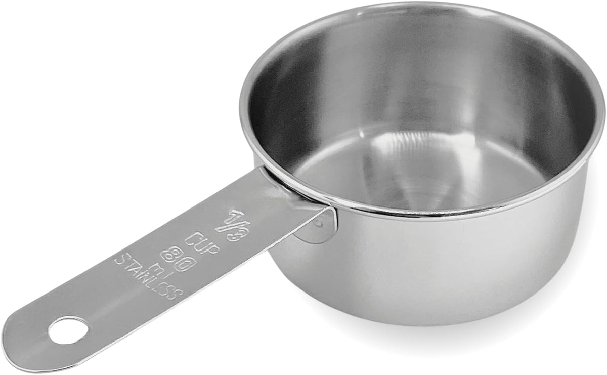 1/3 Cup Stainless Steel Measuring Cup | Sturdy Metal 80 ml | 80 cc | 3 oz | Single Cup for Wet and Dry Ingredients | Great for use as 1/3 Cup Dog Food Scoop - 1 PK