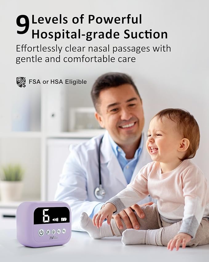 HEYVALUE Nasal Aspirator for Baby, Hospital Grade Nose Sucker with 9 Levels Suction, Night Light and Nursery Rhyme Soothing, Electric Nose Suction for Baby with Food-Grade Silicone Tips Purple