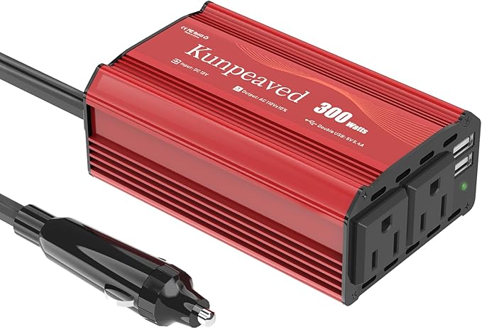 Power Inverter, Kunpeaved 300W Car Inverter DC 12V to 110V Charger Converter with Dual USB Ports and 2 AC Outlets for Air Compressor Laptops(Red)