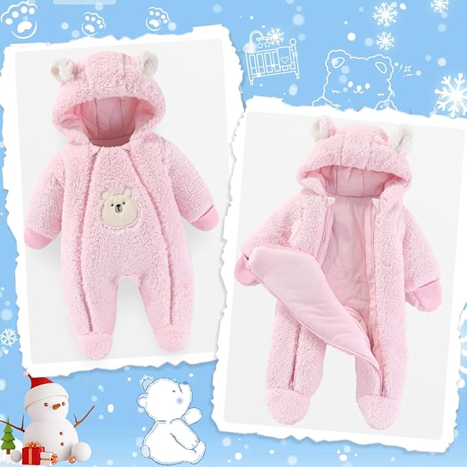 Fairy Baby Newborn Baby Winter Snowsuit Bear Thick Romper Footie Double Zip Hooded Jumpsuit Fleece Coat Infant Boy Girl 0-12M