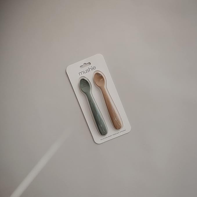 mushie Silicone Baby Feeding Spoons | 2 Pack (Dried Thyme/Natural)