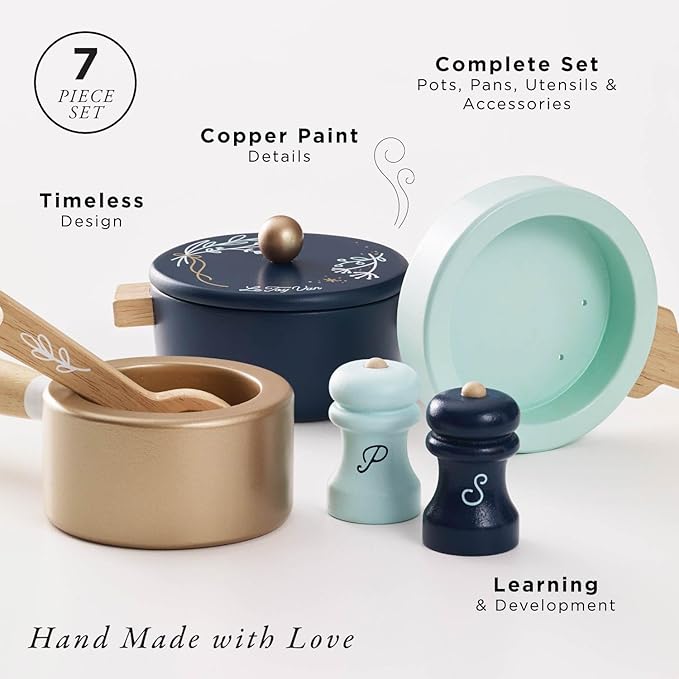 Le Toy Van - Educational Wooden Pretend Kitchen Honeybake Pots and Pans Cooking Set Play Toy | Kids Role Play Toy Kitchen Accessories (TV301)