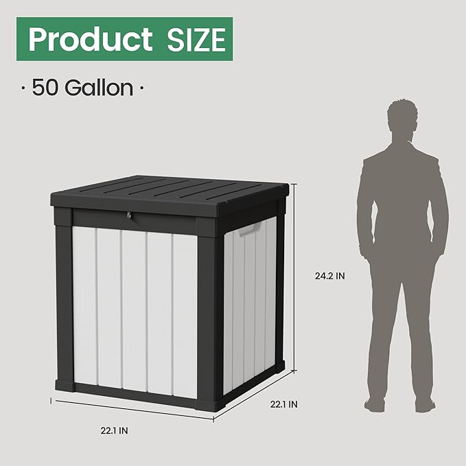 50 Gallon Storage Box, Waterproof Deck Box for Indoor & Outdoor Use, Lockable Pool Storage Bin for Package Delivery, Outdoor Bench for Patio Cushions, Garden Tools, Backyard, Black & White