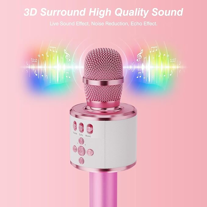 BONAOK Karaoke Microphone for Kids & Adults - Bluetooth Microphones Singing Mic with Disco Lights, Echo Effect, Built-in Speaker Portable Karaoke Player for Party Travel Gifts Q78(Light Pink)