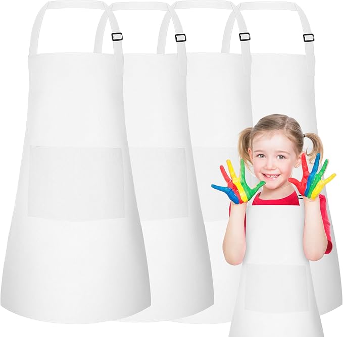 PLULON 4 Pcs Kids Apron Adjustable White Chef Apron with 2 Pockets Painting Aprons for Kids Cooking Baking Crafts (White)